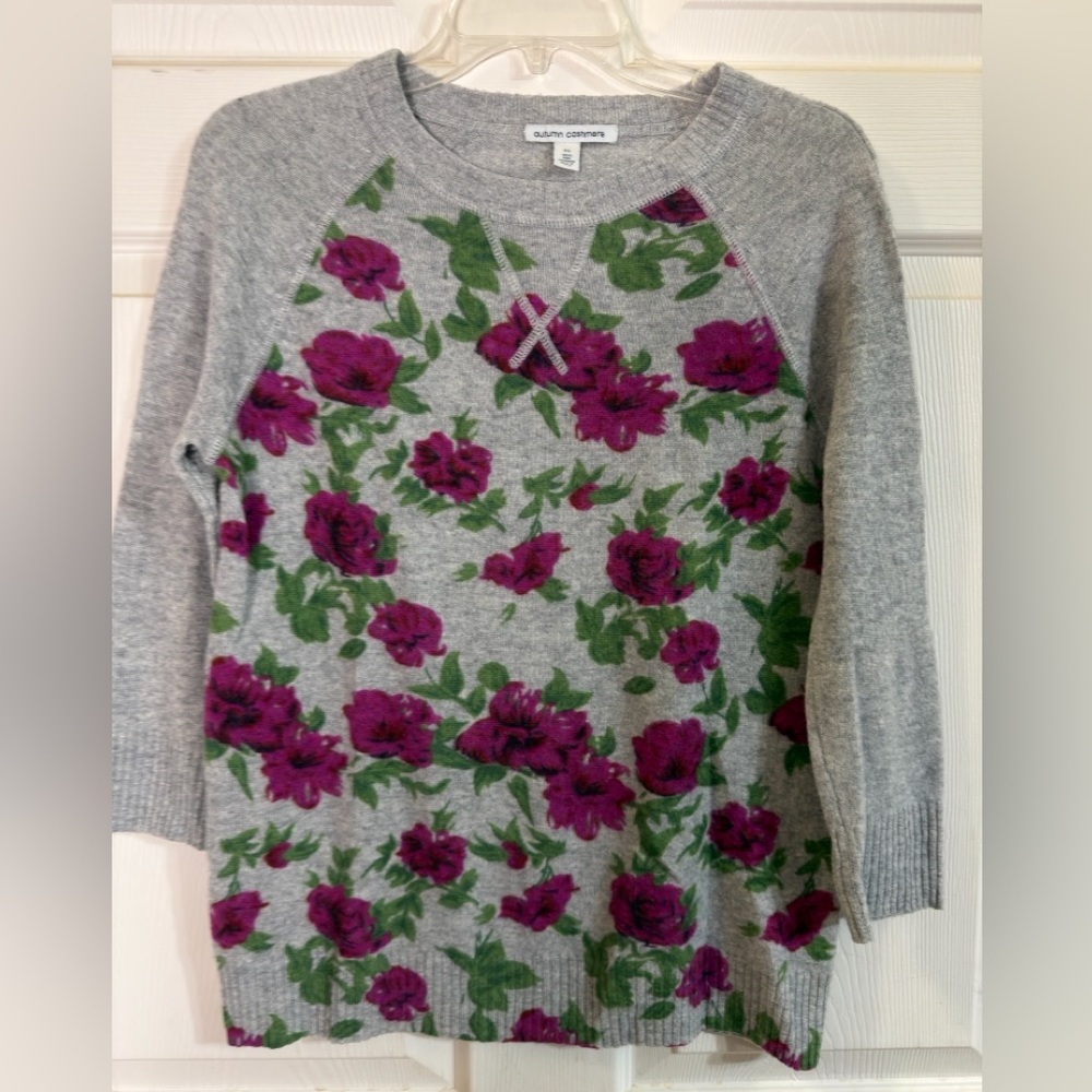 Autumn Cashmere Floral Print Raglan Sleeve 100% Pure Cashmere Sweater Sz XS EUC